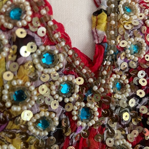 Boho Floral Sheer Tunic Dress with Sequin Beaded Neckline - Picture 5 of 13